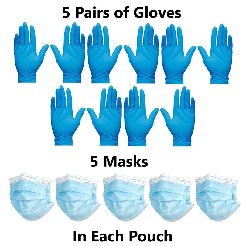 PPE Go-Kit Pack 5 Face Masks & 5 Pairs of Gloves In Each Pouch